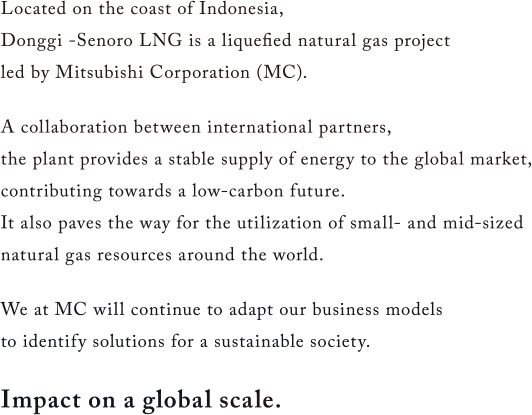 Located on the coast of Indonesia, Donggi -Senoro LNG is a liquefied natural gas project led by Mitsubishi Corporation (MC). A collaboration between international partners, the plant provides a stable supply of energy to the global market, contributing towards a low-carbon future. It also paves the way for the utilization of small- and mid-sized natural gas resources around the world. We at MC will continue to adapt our business models to identify solutions for a sustainable society. Impact on a global scale.