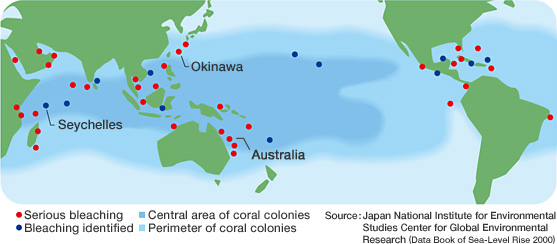 1998 map of areas around the world affected by coral bleaching