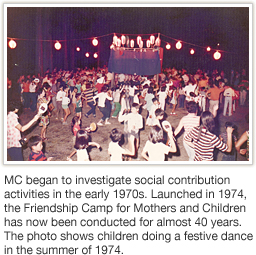 MC began to investigate social contribution activities in the early 1970s. Launched in 1974, the Friendship Camp for Mothers and Children has now been conducted for almost 40 years. The photo shows children doing a festive dance in the summer of 1974.