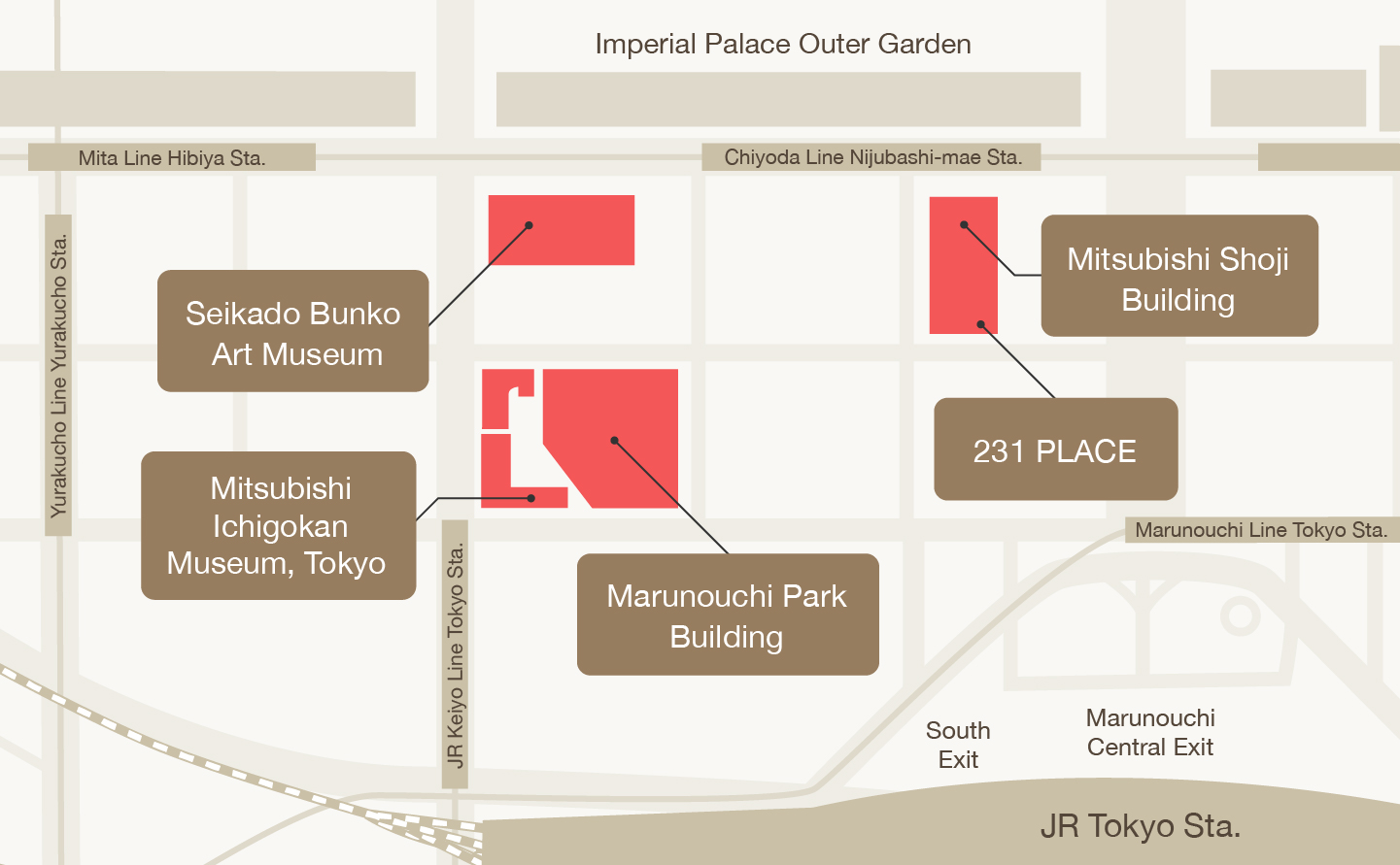 Map of the Marunouchi area showing the places featured in the article