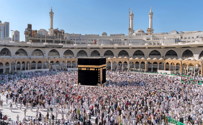 A large crowd of pilgrims surrounding the Kaaba at the Grand Mosque in Makkah
