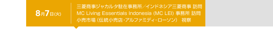 8月7日（火） ジャカルタ駐在事務所/インドネシア三菱商事 訪問　MC Living Essentials Indonesia（MC LEI）事務所 訪問　小売市場（伝統小売店・アルファミディ・ローソン） 視察