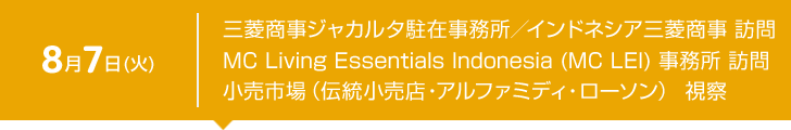 8月7日（火） ジャカルタ駐在事務所/インドネシア三菱商事 訪問　MC Living Essentials Indonesia（MC LEI）事務所 訪問　小売市場（伝統小売店・アルファミディ・ローソン） 視察