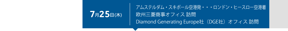 7月25日（木） アムステルダム・スキポール空港発・・・ロンドン・ヒースロー空港着　欧州三菱商事オフィス 訪問　Diamond Generating Europe社（DGE社）オフィス 訪問