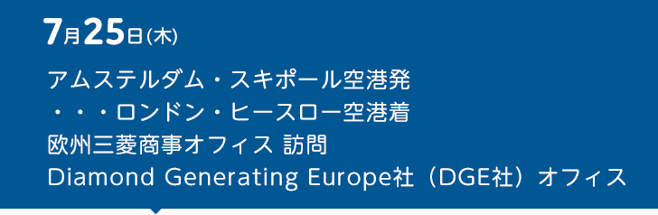 7月25日（木） アムステルダム・スキポール空港発・・・ロンドン・ヒースロー空港着　欧州三菱商事オフィス 訪問　Diamond Generating Europe社（DGE社）オフィス 訪問