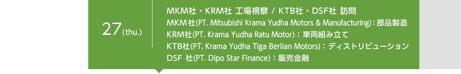 8月27日（木）MKM社・KRM社 工場視察／KTB社・DSF社 訪問MKM 社(PT. Mitsubishi Krama Yudha Motors & Manufacturing)：部品製造 KRM社(PT. Krama Yudha Ratu Motor)：車両組み立て KTB社(PT. Krama Yudha Tiga Berlian Motors)：マーケティング DSF 社(PT. Dipo Star Finance)：販売金融