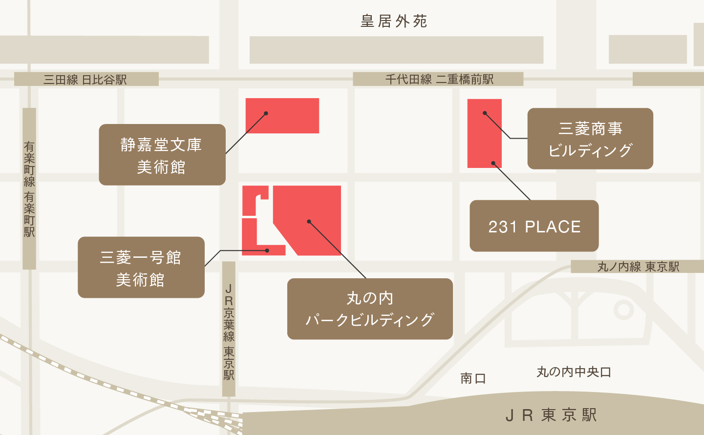 本文に登場する施設を示した丸の内エリアの散策地図